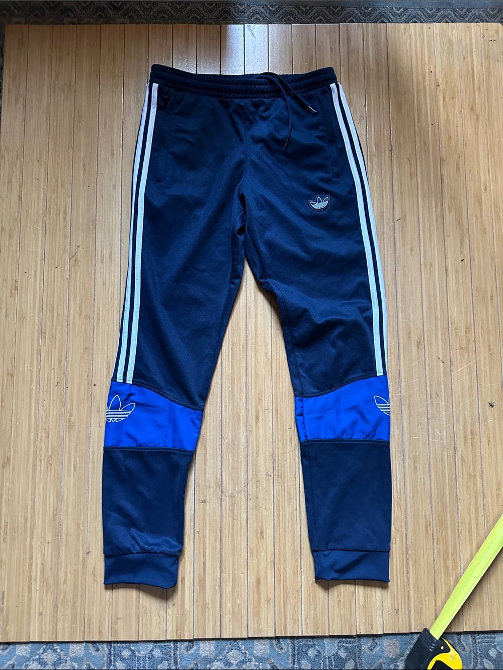 adidas Black and Royal Blue Boys' Joggers with White Stripes Large